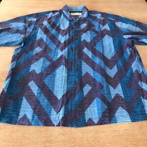 Tommy Bahama 100% Silk Shirt Men XL Blue Geometric Tribal Button Up Pocket 17400